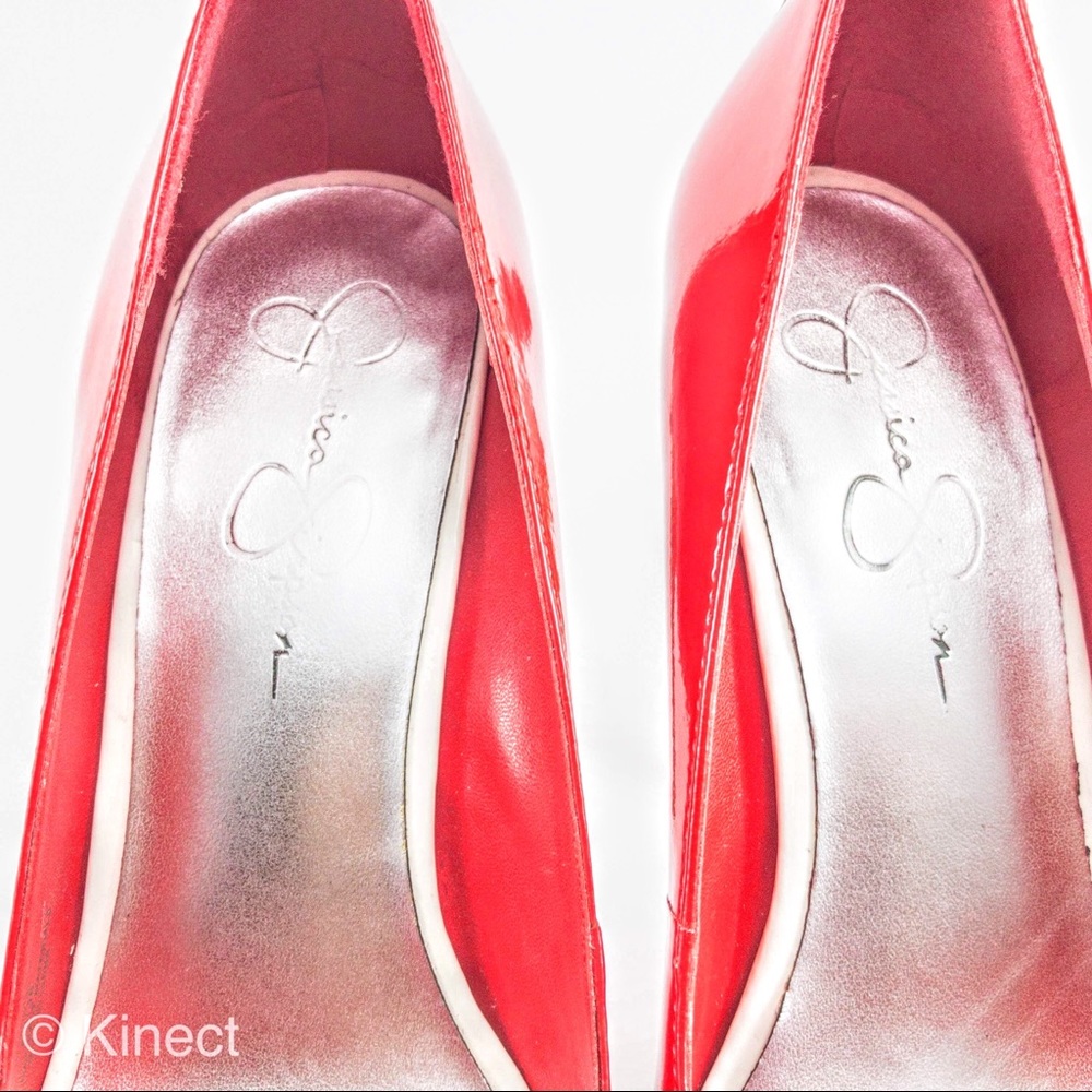 J. Simpson Red Patent Peep Toe Cork Stiletto Heels - Picture 4 of 8